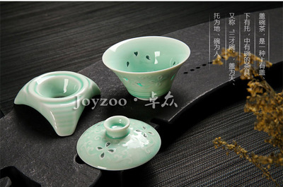 玲珑青瓷茶具 养生活瓷功夫茶具套装，梅子青镂空青瓷茶具的优雅之选